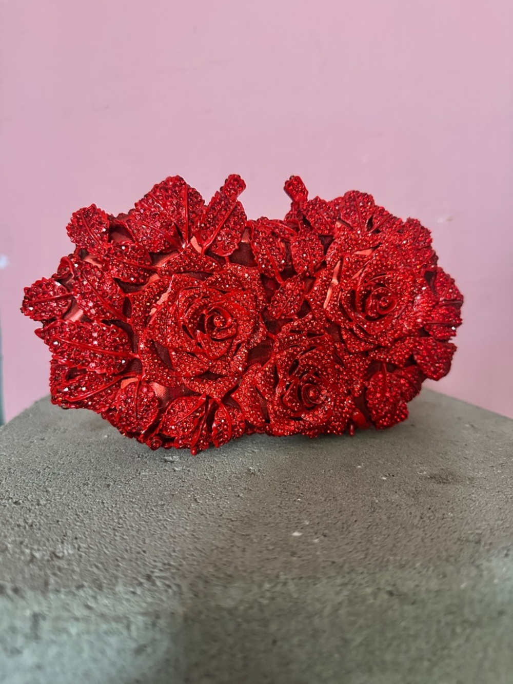Red Rose Floral Crystal Beaded Evening Clutch
